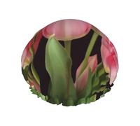 Cuffia da doccia con tulipani rosa, per donne e uomini, regolabile, riutilizzabile, a doppio strato, impermeabile, fodera in EVA, fascia elastica per capelli per tutte le lunghezze di capelli
