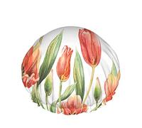 Cuffia da doccia con tulipani rossi Acquerello Fioritura Bouquet Floreale Giardino Foglia Arte Festa della donna Grandi cuffie da doccia Riutilizzabili Doppio strato Doccia Capelli Cuffia da bagno E