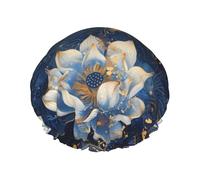 Cuffia da doccia, cuffia da doccia con fiore di loto blu dorato da donna, riutilizzabile, impermeabile, cuffia per capelli per doccia, doppio strato, fascia elastica per capelli lunghi