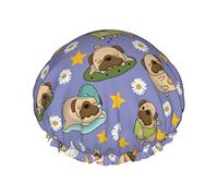 Cuffia da doccia Cute Pug Daisy Cuffia da bagno Cuffia per capelli impermeabile Cuffia da doccia leggera a doppio strato per donna Uomo Bambini Adolescenti