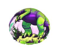 Cuffia da doccia da donna a doppio strato con dinosauro verde, riutilizzabile, design di grandi dimensioni adatto a tutte le lunghezze dei capelli, adatto per ragazze, spa e uso domestico.