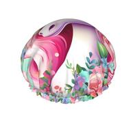 Cuffia da doccia da donna a doppio strato con unicorno rosa, riutilizzabile, design di grandi dimensioni adatto a tutte le lunghezze dei capelli, adatta per ragazze, spa e uso domestico.