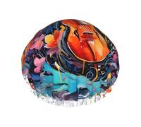 Cuffia da doccia da donna con chitarra colorata, impermeabile, riutilizzabile, con cordino elastico lavabile, adatta per capelli lunghi e trecce, ideale per la doccia.