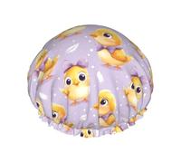 Cuffia da doccia da donna, con fiocco viola, con stampa pulcino, riutilizzabile, a doppio strato, con fascia elastica, per capelli lunghi, per doccia