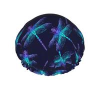 Cuffia da doccia da donna, con motivo libellula, colore blu scuro, riutilizzabile, impermeabile, per bagno, cura della pelle e casa