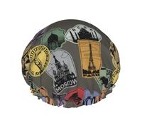 Cuffia da doccia da donna, con motivo stampato mondi, riutilizzabile, per doccia, a doppio strato, con fodera in PEVA e corda elastica