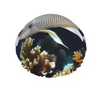 Cuffia da doccia da donna con pesce bianco-oro, impermeabile, riutilizzabile, con cordino elastico lavabile, adatta per capelli lunghi e trecce, ideale per la doccia.