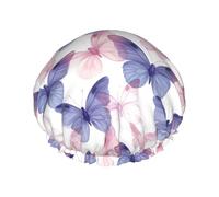 Cuffia da doccia da donna, con stampa a farfalla rosa e blu, riutilizzabile, a doppio strato, fascia elastica, per capelli lunghi, per doccia