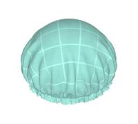 Cuffia da doccia da donna, con stampa a griglia disegnata a mano, colore verde menta, riutilizzabile, a doppio strato, con fascia elastica per capelli lunghi, per doccia