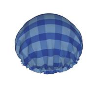 Cuffia da doccia da donna, con stampa a quadretti, colore blu navy, riutilizzabile, a doppio strato, con fascia elastica per capelli lunghi, per doccia