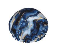 Cuffia da doccia da donna, con stampa con texture blu e oro, riutilizzabile, a doppio strato, fascia elastica, per capelli lunghi, per doccia