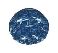 Cuffia da doccia da donna, con stampa di corallo di squalo, colore blu navy, riutilizzabile, a doppio strato, fascia elastica, per capelli lunghi, per doccia