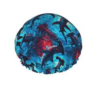 Cuffia da doccia da donna, con stampa di squali martello, blu, rosso, riutilizzabile, a doppio strato, fascia elastica, per capelli lunghi, cuffia da bagno per doccia