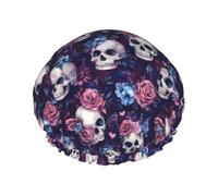 Cuffia da doccia da donna, con stampa di teschio, rosa, blu, riutilizzabile, a doppio strato, con fascia elastica per capelli lunghi, per doccia