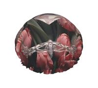 Cuffia da doccia da donna con tulipani rosa e cristallo, impermeabile, riutilizzabile, con cordino elastico lavabile, adatta per capelli lunghi e trecce, ideale per la doccia.