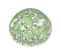 Cuffia da doccia da donna, graziosa rana seduta in posa divertente, riutilizzabile, a doppio strato, con fodera in PEVA e corda elastica