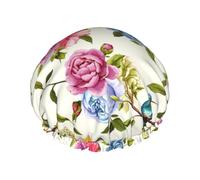 Cuffia da doccia da donna, motivo colibrì con garofano, riutilizzabile, per doccia, a doppio strato, con fodera in PEVA e corda elastica