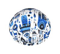 Cuffia da doccia da donna, riutilizzabile, alla moda, comoda, astratta, occhi blu, 1 stampa, doppio strato, capelli per doccia, con corda elastica e fodera in PEVA