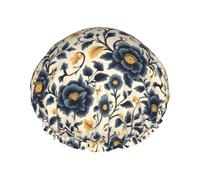 Cuffia da doccia da donna, riutilizzabile, alla moda, comoda, blu navy, con stampa a flusso a doppio strato, con corda elastica e fodera in PEVA