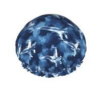 Cuffia da doccia da donna, riutilizzabile, alla moda, comoda, blu navy, motivo aeroplano mimetico, 1 stampa, doppio strato, capelli per doccia, con corda elastica e fodera in PEVA
