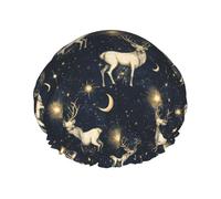 Cuffia da doccia da donna, riutilizzabile, alla moda, comoda, blu scuro, cielo stellato, stampa alce, doppio strato, capelli per doccia, con corda elastica e fodera in PEVA