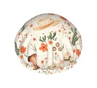 Cuffia da doccia da donna, riutilizzabile, alla moda, comoda, cappello da cowboy, stampa cactus, doppio strato, capelli per doccia, con corda elastica e fodera in PEVA