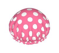 Cuffia da doccia da donna, riutilizzabile, alla moda, comoda, classica, con stampa a pois rosa, doppio strato, con corda elastica e fodera in PEVA