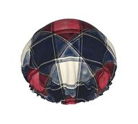 Cuffia da doccia da donna, riutilizzabile, alla moda, comoda, classica, con stampa a quadri rossi e blu, doppio strato, con corda elastica e fodera in PEVA