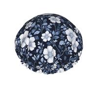 Cuffia da doccia da donna, riutilizzabile, alla moda, comoda, classica, con stampa di fiori bianchi e blu, a doppio strato, con corda elastica e fodera in PEVA