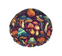 Cuffia da doccia da donna, riutilizzabile, alla moda, comoda, classica, con stampa di funghi blu, a doppio strato, con corda elastica e fodera in PEVA