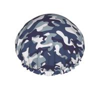 Cuffia da doccia da donna, riutilizzabile, alla moda, comoda, classica, con stampa mimetica blu, a doppio strato, con corda elastica e fodera in PEVA