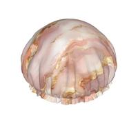 Cuffia da doccia da donna, riutilizzabile, alla moda, comoda, color oro rosa, effetto marmo, stampa a doppio strato, capelli per doccia, con corda elastica e fodera in PEVA
