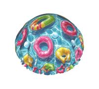 Cuffia da doccia da donna, riutilizzabile, alla moda, comoda, colorata, con stampa ad anello, doppio strato, con corda elastica e fodera in PEVA
