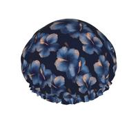 Cuffia da doccia da donna, riutilizzabile, alla moda, comoda, con fiori blu navy, stampa a doppio strato, capelli per doccia, con corda elastica e fodera in PEVA
