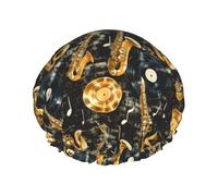 Cuffia da doccia da donna, riutilizzabile, alla moda, comoda, con motivo musicale retrò, a doppio strato, con corda elastica e fodera in PEVA