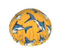 Cuffia da doccia da donna, riutilizzabile, alla moda, comoda, con stampa blu squalo, capelli a doppio strato, con corda elastica e fodera in PEVA