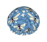 Cuffia da doccia da donna, riutilizzabile, alla moda, comoda, con stampa di api blu, a doppio strato, con corda elastica e fodera in PEVA