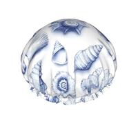 Cuffia da doccia da donna, riutilizzabile, alla moda, comoda, con stampa di conchiglie blu, doppio strato, con corda elastica e fodera in PEVA