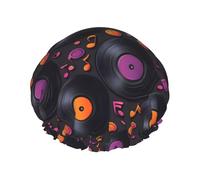 Cuffia da doccia da donna, riutilizzabile, alla moda, comoda, con stampa di dischi musicali, a doppio strato, con corda elastica e fodera in PEVA