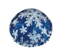 Cuffia da doccia da donna, riutilizzabile, alla moda, comoda, con stampa di fiocchi di neve blu e bianchi, a doppio strato, con corda elastica e fodera in PEVA