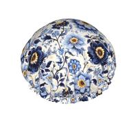 Cuffia da doccia da donna, riutilizzabile, alla moda, comoda, con stampa di fiori blu, doppio strato, con corda elastica e fodera in PEVA