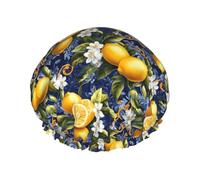 Cuffia da doccia da donna, riutilizzabile, alla moda, comoda, con stampa di fiori blu e limoni, doppio strato, con corda elastica e fodera in PEVA