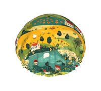 Cuffia da doccia da donna, riutilizzabile, alla moda, comoda, con stampa di paesaggi di villaggio, doppio strato, capelli per doccia, con corda elastica e fodera in PEVA