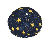 Cuffia da doccia da donna, riutilizzabile, alla moda, comoda, con stampa di stelle nel cielo notturno, doppio strato, capelli per doccia, con corda elastica e fodera in PEVA