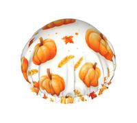 Cuffia da doccia da donna, riutilizzabile, alla moda, comoda, con stampa di zucca, acero, grano, doppio strato, capelli per doccia, con corda elastica e fodera in PEVA