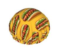 Cuffia da doccia da donna, riutilizzabile, alla moda, comoda, con stampa hot dog, fast food, doppio strato, capelli per doccia, con corda elastica e fodera in PEVA