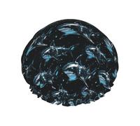 Cuffia da doccia da donna, riutilizzabile, alla moda, comoda, con stampa robot blu con squalo, capelli a doppio strato, con corda elastica e fodera in PEVA