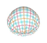 Cuffia da doccia da donna, riutilizzabile, alla moda, comoda, con stampa scozzese blu e bianca, a doppio strato, con corda elastica e fodera in PEVA