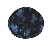 Cuffia da doccia da donna, riutilizzabile, alla moda, comoda, fantasia con uccellini blu, doppio strato, capelli per doccia, con corda elastica e fodera in PEVA