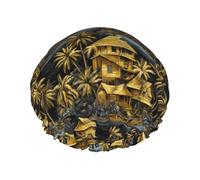 Cuffia da doccia da donna, riutilizzabile, alla moda, comoda, hawaiana, retrò, con stampa di paesaggi dorati, doppio strato, capelli per doccia, con corda elastica e fodera in PEVA